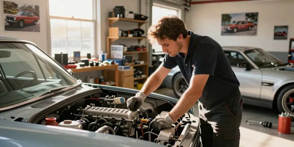 Car United: Enthusiast working on a classic car in a well-lit garage.