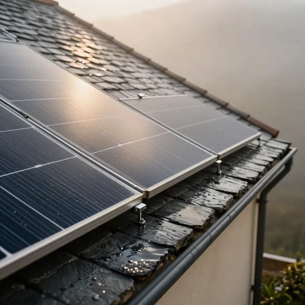 Black solar panels on a slate roof after rain, with mist and a blue glint at the eaves