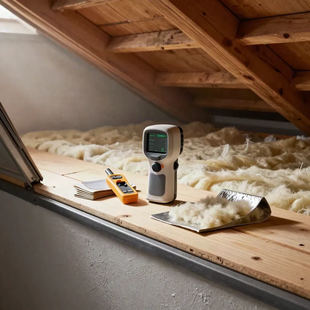 Attic energy audit tools beside insulation sample under a loft hatch in soft daylight