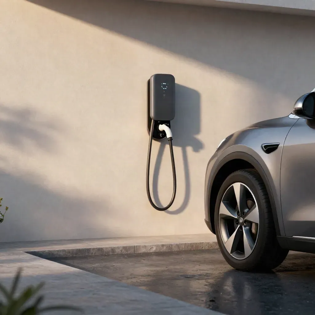 EV charger locking into place beside a car wheel on a misty driveway.
