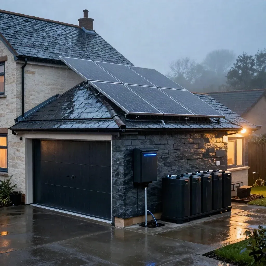 Rainy UK home with solar panels, wallbox and battery bank lit in blue hour
