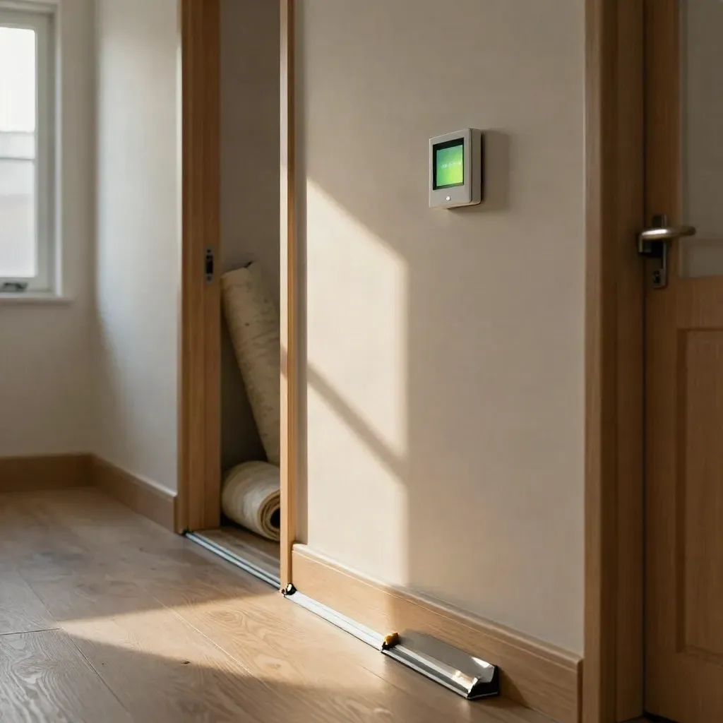 Brightened hallway with LED downlights, insulation rolls, draught strips and a smart thermostat.