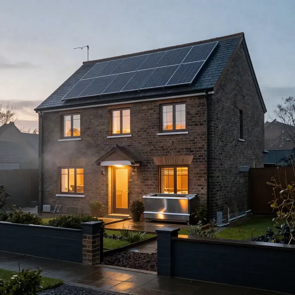 Semi-detached home with roof solar panels, glowing windows and a lit battery cupboard at dusk.