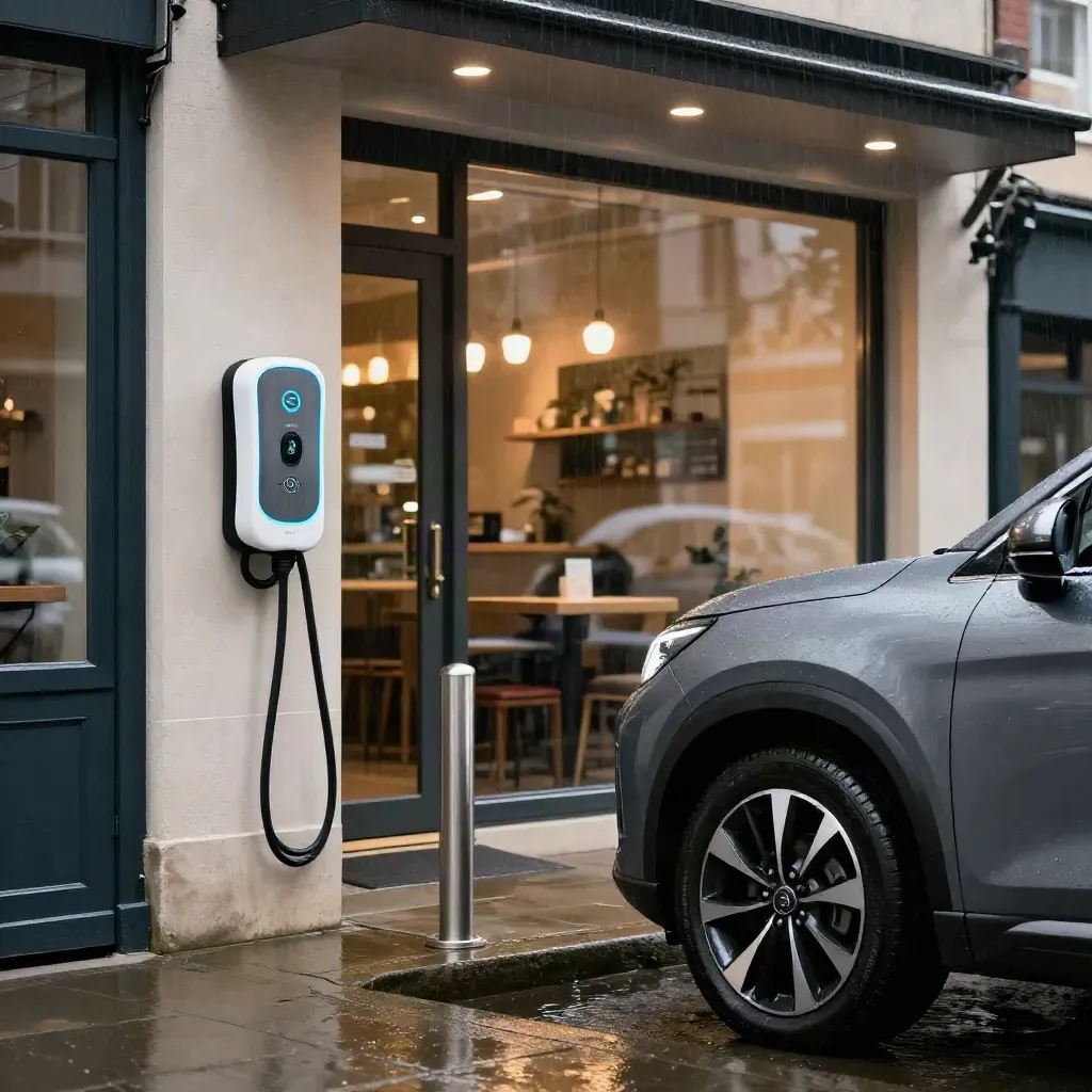 Rainy UK café EV charger glowing beside a parked car under canopy lights