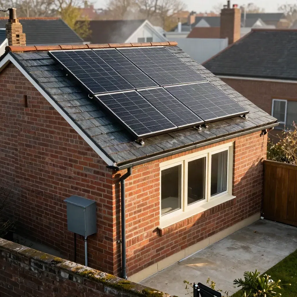 Rear terraced house roof with neat solar panels and damp brickwork after rain.