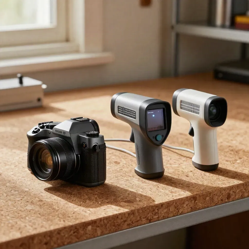 Thermal camera, energy monitor and infrared thermometer on a cork-lined workbench