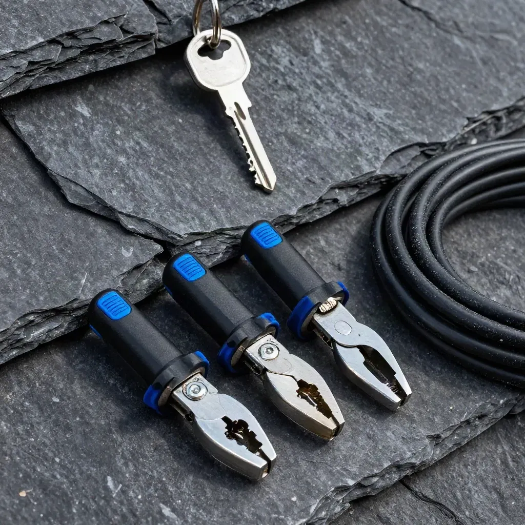 Solar install tools and connectors staged on a slate roof tile under dramatic side light.