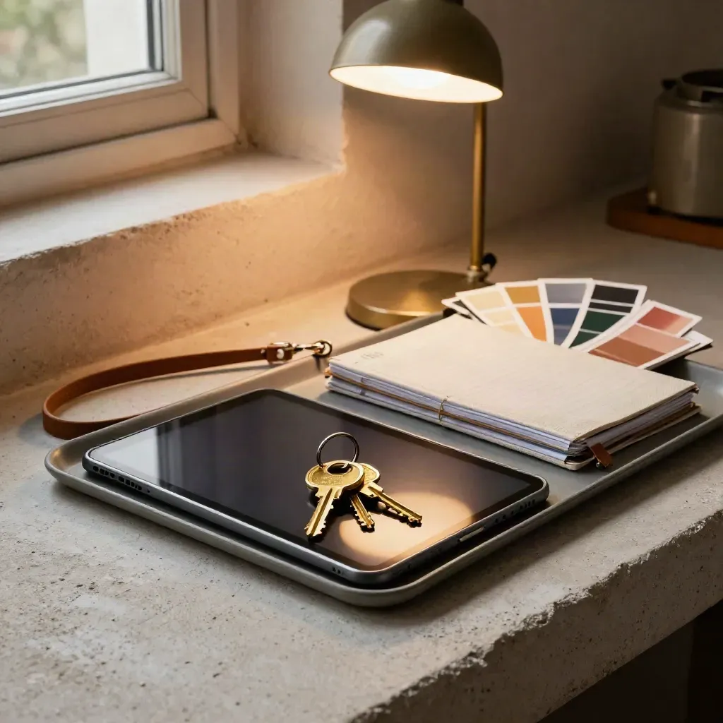 Site handoff kit with tablet, brass keys, planner and colour swatches on a matte tray.