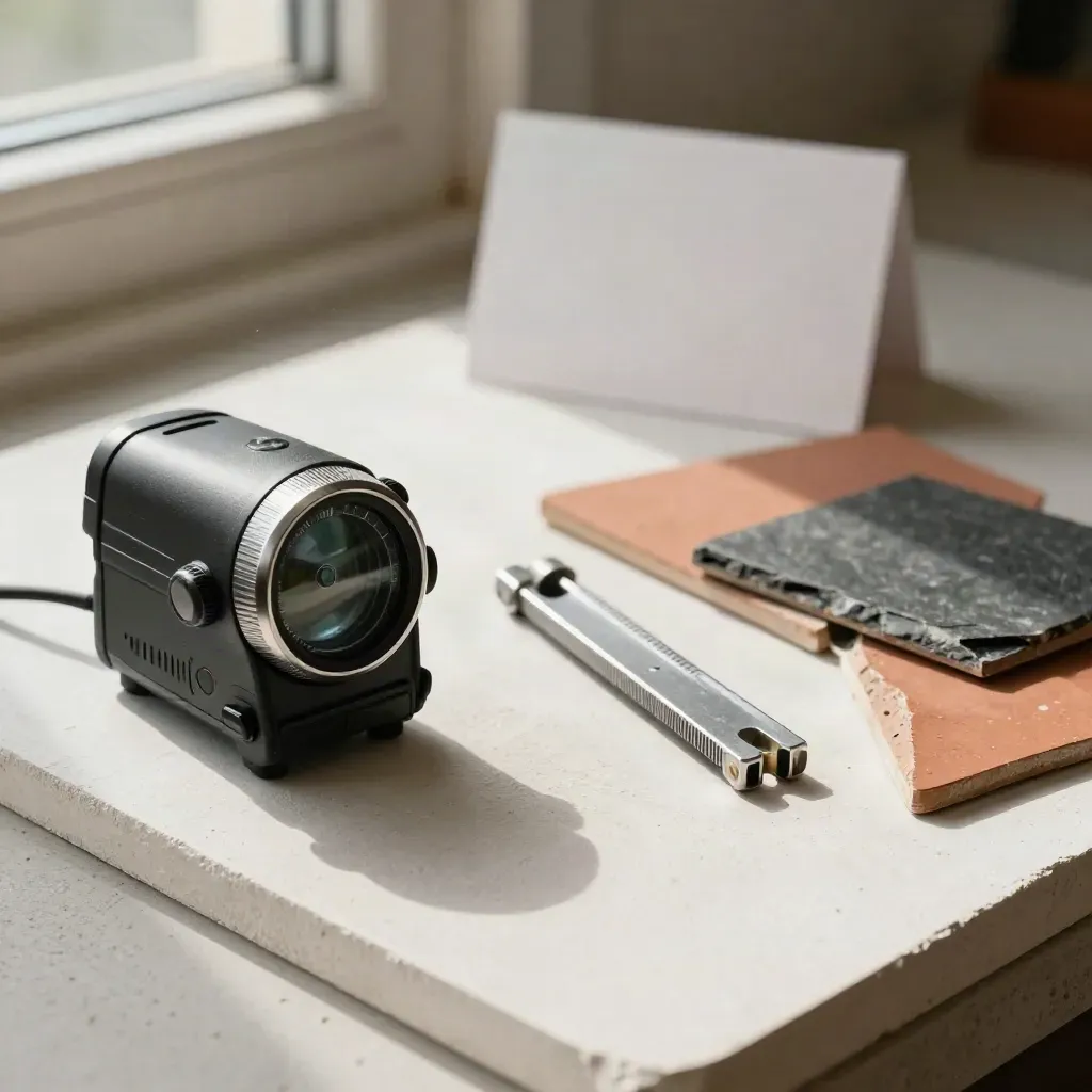 Laser measurer, angle finder, site gauge and roof-tile sample on plaster
