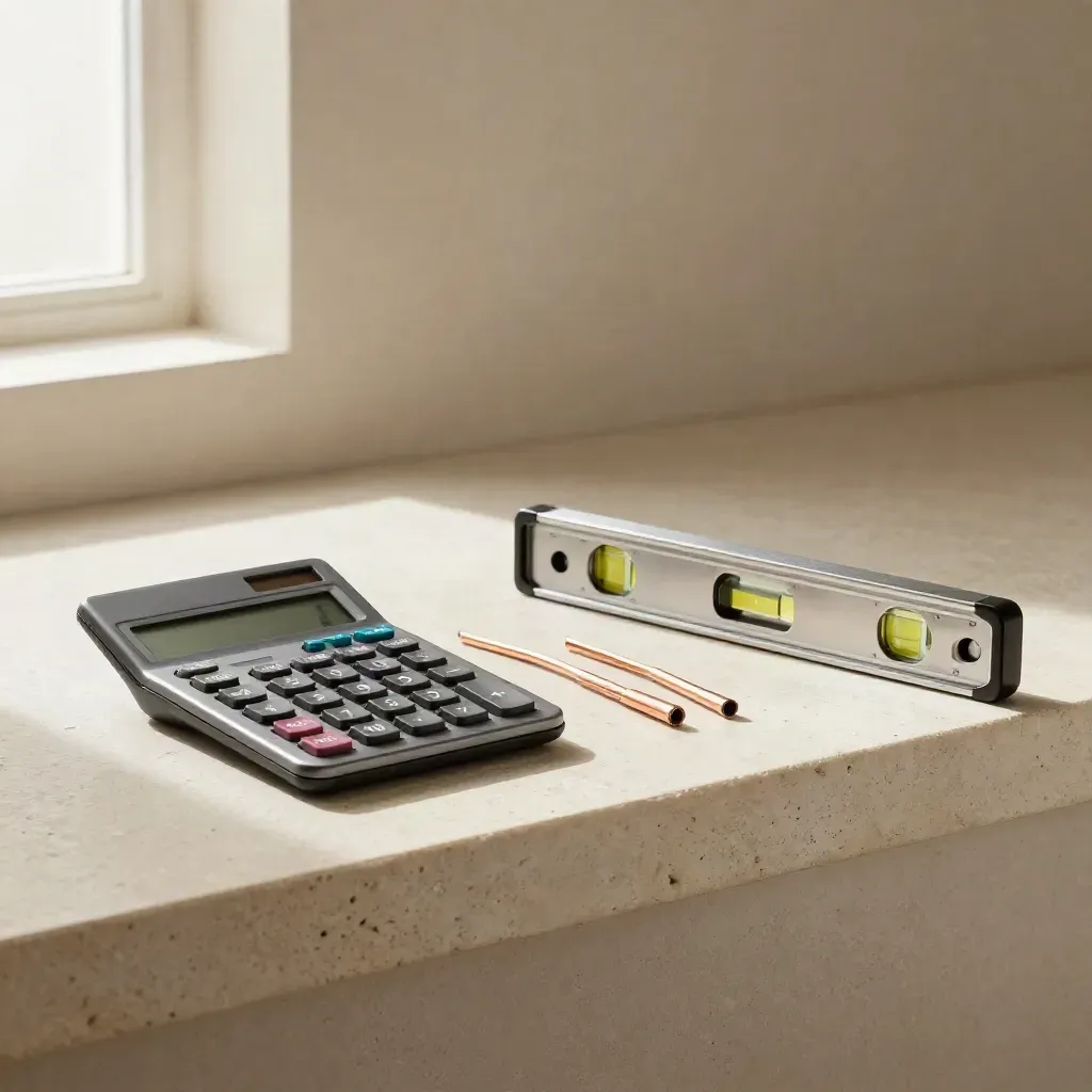 Folded calculator, cable offcut and spirit level on a stone shelf with soft side light.