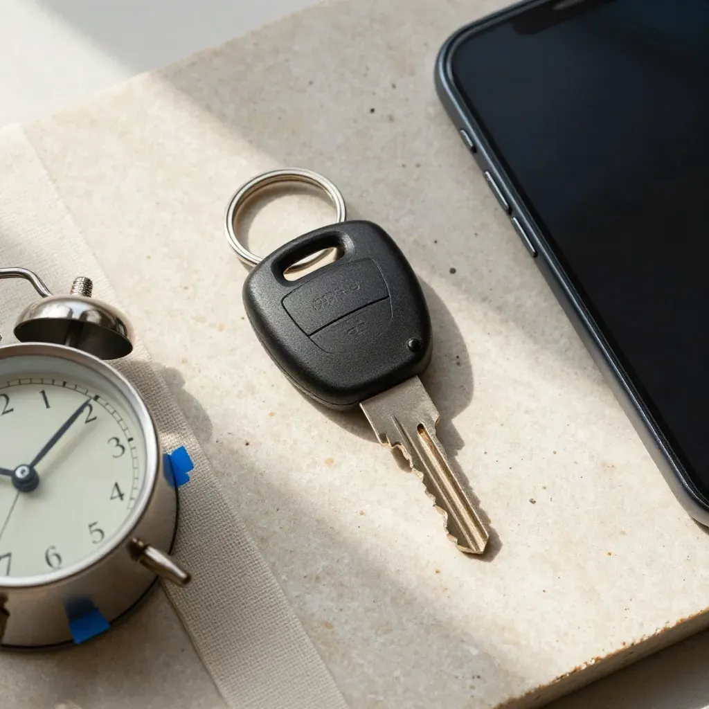 Overhead flatlay of van keys, desk clock and dark phone on pale stone