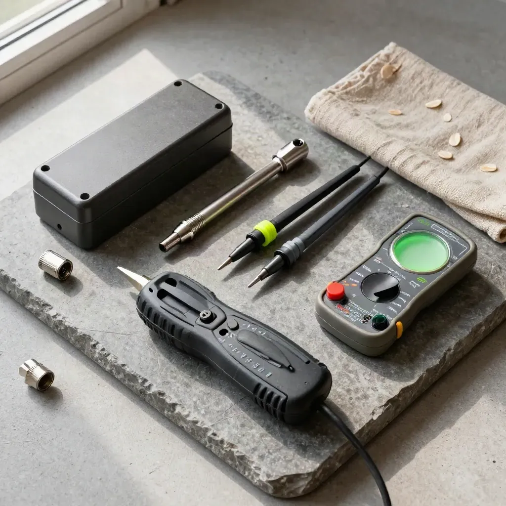 Top-down tray still life of commissioning tools on stone with a lime accent