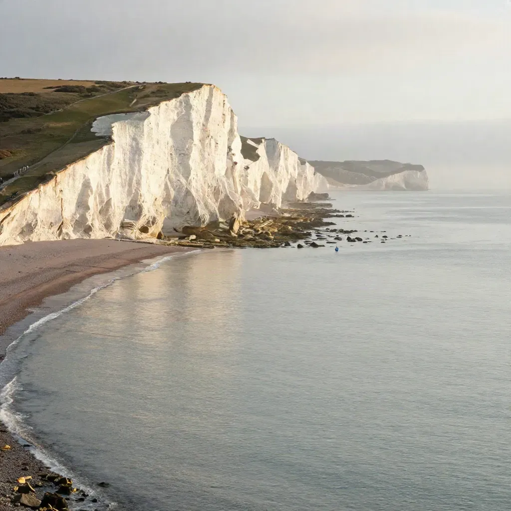 Brighton chalk cliffs above calm Channel water in golden haze